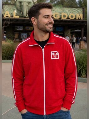 Walt Disney World Red‎ Track Jacket Large Unisex Adult Zip Varsity Embossed Logo